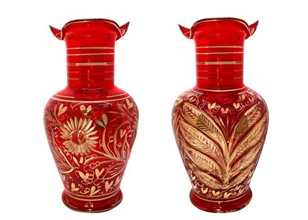Coppia di vasi in vetro color rosso, 20th century