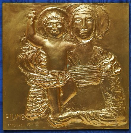Salvatore Fiume (Comiso 1915-Milano 1997)  - Bassorilievo patinato oro raffigurante Madonna del giubileo