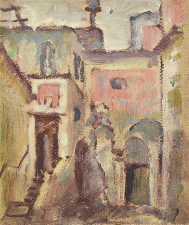 Enrico Allimandi IL BORGO olio su cartone, 19x15 cm eseguito nel 1950 circa