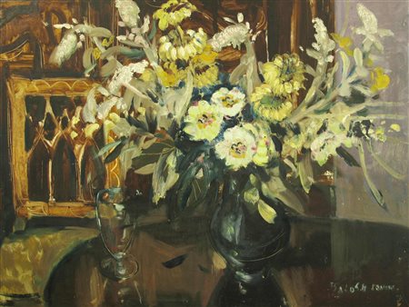 Balogh Ervin (1925) Natura morta con fiori bianchi Olio su faesite Firmato...