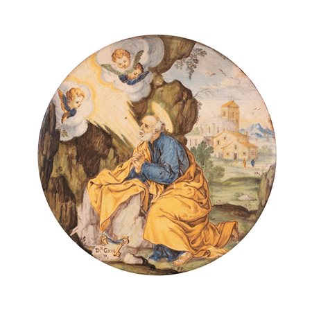 Francesco Antonio Saverio Grue (Castelli, 1686 - Castelli, 1746) 
Tondo in maiolica decorato in policromia con San Pietro in preghiera ai piedi di una roccia. Sullo sfondo paesaggio di personaggi e case. 
 Ø cm 16; con cornice Ø cm 24