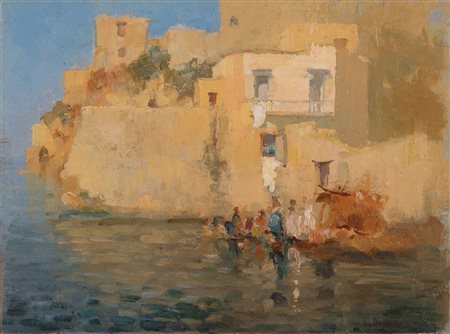 Eduardo Dalbono (Napoli, 1841 - Napoli, 1915) 
Marina di Napoli con figure 
olio su cartone cm 20x27; con cornice cm 40x47