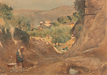 Augusto  Bompiani (Roma, 1852 - Roma, 1930) 
Tornando dal bucato 
Tempera su cartoncino cm 52x73; con cornice cm 73x97