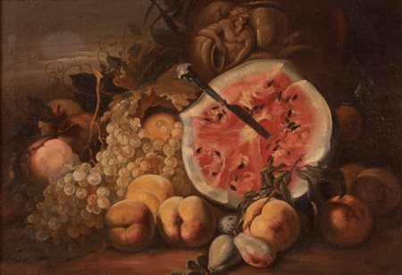 Scuola italiana della fine del XIX e inizi XX secolo ( - ) 
Natura morta con frutta 
olio su tela cm 51x66; con cornice cm 71x91