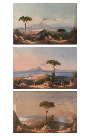 Scuola napoletana del XIX secolo ( - ) 
Lotto di tre vedute del golfo di Napoli con Vesuvio 
Olio su tela cm 50x76; 