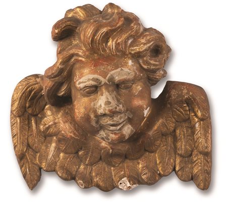 Manifattura dell'Italia centrale ( - ) 
Scultura in legno dorato raffigurante volto di cherubino XVIII secolo
 cm 32x32