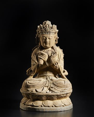  Arte Cinese - Scultura in legno raffigurante Vajradhara 
Cina, XX secolo .