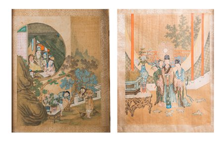  Arte Cinese - Coppia di dipinti a tempera su seta raffiguranti scene di vita cortese in un esterno 
Cina, dinastia Qing, XIX secolo .