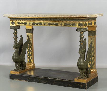 Console Impero in legno intagliato, laccato e 