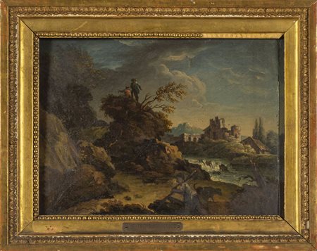 Scuola fiamminga sec.XVIII "Paesaggio con fiume, 