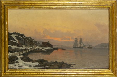 # "Tramonto sul mare d'inverno" olio, f.to in b.a 