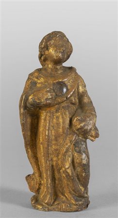 Santa con reliquia, piccola scultura in legno 