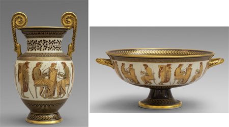 Coppa e vaso in porcellana decorati a motivi 