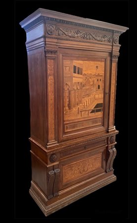 credenza espositiva intarsiata e scolpita a mano, 