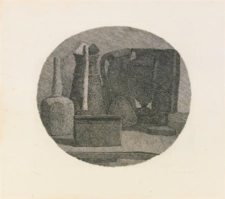 GIORGIO MORANDI 1890 - 1964 NATURA MORTA CON SETTE OGGETTI IN UN TONDO...