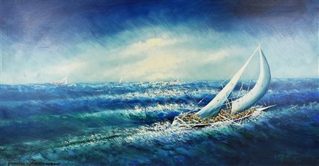 Francesco Grassi TRA CIELO E MARE olio su tela, cm 70x130 firma sul retro:...