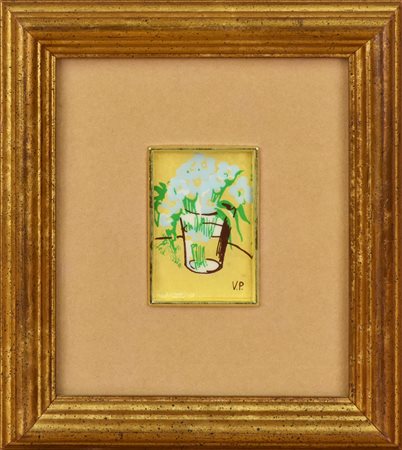 Ignoto VASO DI FIORI stampa su foglia d'oro, cm 6x4,5 sigla