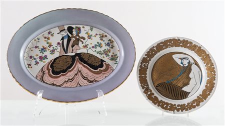 Eugenio Colmo detto Golia (Torino 1885 – 1967), Lotto di due piatti in ceramica con raffigurazioni di gusto Liberty, 1924/1925.
