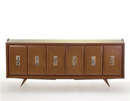 Credenza nello stile di Ico Parisi in legno impiallacciato con ante decorate da