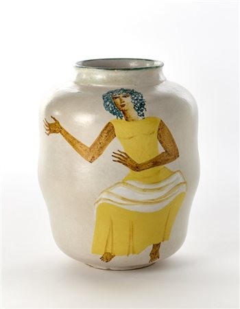 La Casa dell'Arte Vaso in ceramica bianca con decoro di figura femminile e frutt