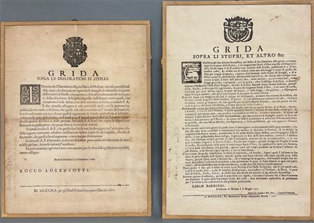 Lotto composto da due grida del Ducato di Modena sugli stupri del 1686 e 1715 (