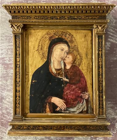 Ignoto, dipinto in stile ad olio su tavola raffigurante "Madonna con bambino" (