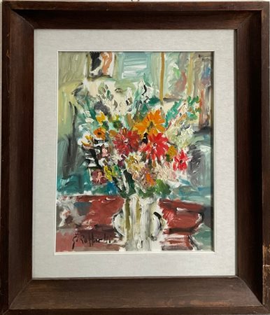 G. Raffaelli "Vaso con fiori" olio su cartone telato (cm 50x40) firmato in basso