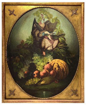 Dipinto ovale raffigurante natura morta con zucca e cedri, Painter of the late 19th century