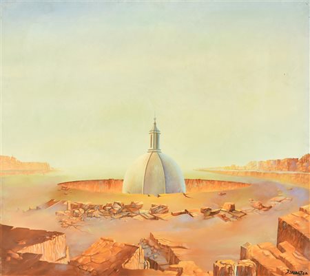 Walther Jervolino CHIESA NEL DESERTO olio su tela, cm 82x90 firma sul retro:...