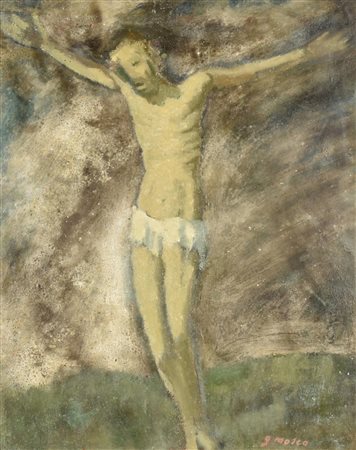 Guido Mosca CRISTO CROCIFISSO olio su faesite, cm 48,5x38,5 firma sul retro:...