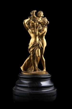 Scultore del secolo XIX "Le tre Grazie con putto" gruppo in bronzo dorato poggi