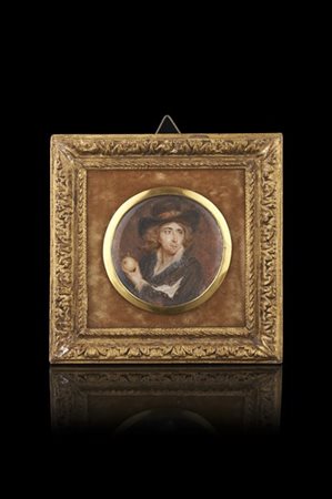 Maestro del secolo XVIII "Ritratto di uomo con cappello" miniatura circolare su