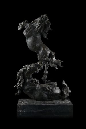 Emil Van Gindertael "Cavalli" scultura in bronzo (h. cm 46) poggiante su base in