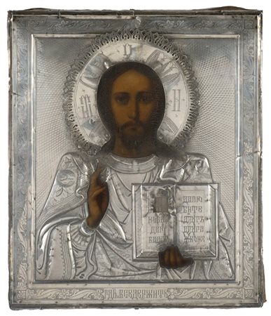 Arte russa, inizio del secolo XX "Cristo Pantocratore" icona ad olio su tavola