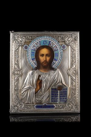 Icona ad olio su tavola raffigurante Cristo benedicente con riza in argento e s