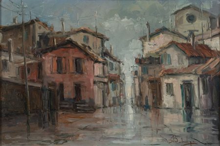 AURELIO BARBALONGA (Palermo 1922 - Bologna 2004) "Scorcio su città". Olio su...