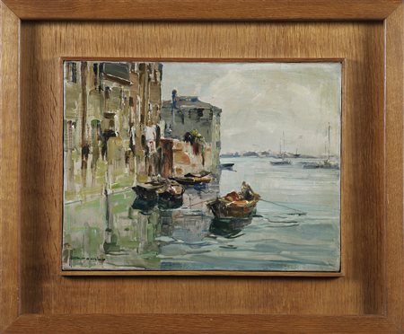 BROMBO ANGELO (1893 - 1962) Barche e case sulla sinistra. Olio su tela . Cm...