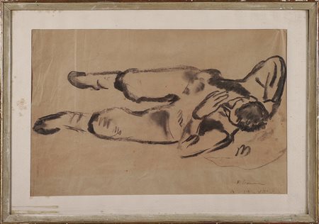 CARENA FELICE (1879 - 1966) Uomo sdraiato. Carboncino su carta. Cm 52,50 x...