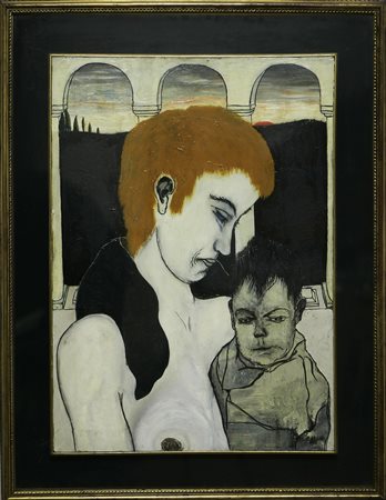 BELLODI EDOARDO (1920 - 2000) Donna con bambino. 1965. Tecnica mista su tela....