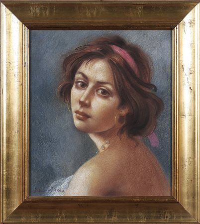 DECCA DINO (1935 - 2005) Fanciulla con collana di perle. Pastello su carta....