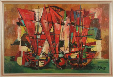 GHELFI GIANNI (1919 - 1956) Barche. Olio su tela . Cm 80,00 x 120,00. Firma...