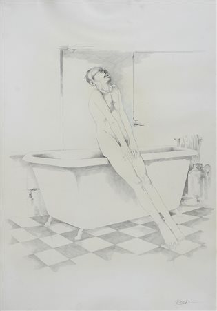 BIFFI LUIGI (1930 - 1974) Uomo in bagno. 1973. Tecnica mista su carta. Cm...