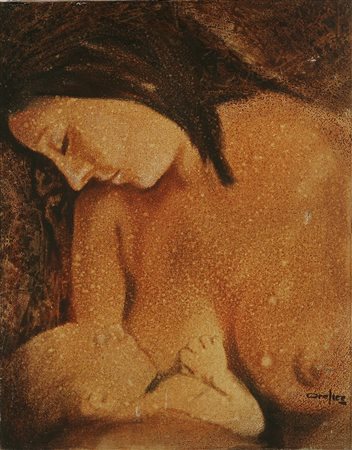 OREFICE GIORGIO (n. 1941) Donna con bambino. Olio su tela . Cm 40,00 x 50,00.