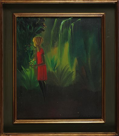 FANTUZZI ELIANO (1909 - 1987) Bimba in rosso. Olio su tela . Cm 50,00 x...