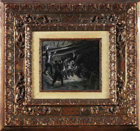 RIZZI ANTONIO (1869 - 1940) Un interno di miniera. Olio su tavola. Cm 21,00 x...