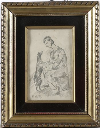NOTTE EMILIO (1891 - 1982) Uomo con cane. Matita su carta. Cm 9,00 x 14,50....