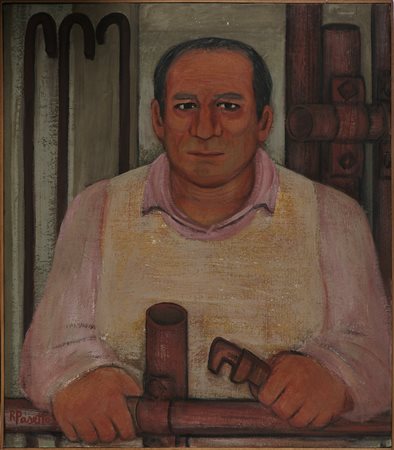 PASETTO REMO (n. 1925) Uomo con chiave inglese. Olio su tela . Cm 70,00 x...