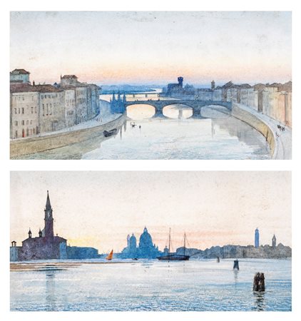 a) Veduta di Firenze con Ponte Santa Trinita  b) Veduta di Venezia con Santa Maria della Salute