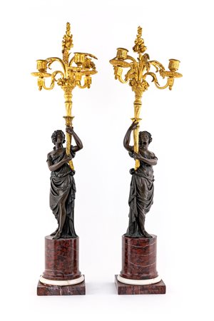 Coppia di candelabri in bronzo e marmo rosso, Francia, XIX secolo