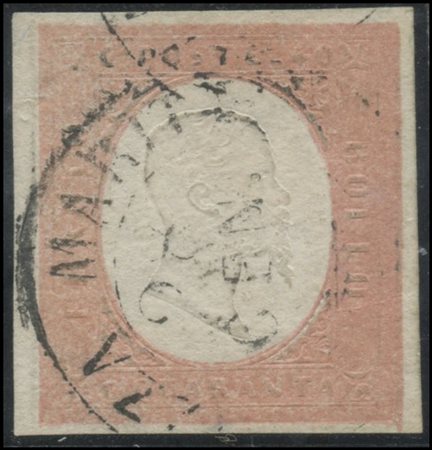 Sardinia, 1854, 40c. Pale Brick Red N.9b. Thin paper. A pale spot is present...